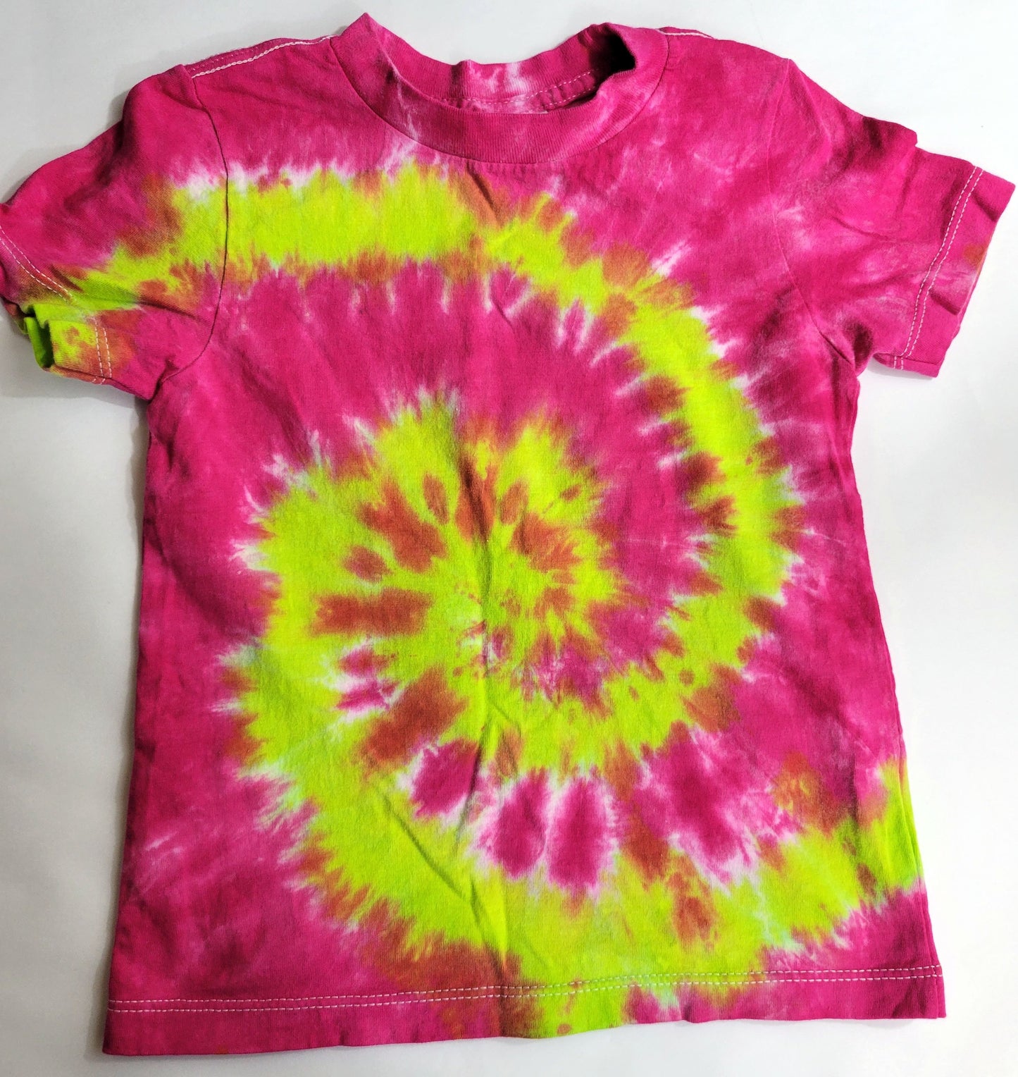 Kid's Tie-Dyed T Shirt - Pink + Lime Spiral