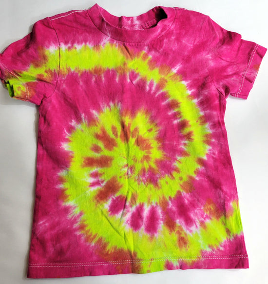 Kid's Tie-Dyed T Shirt - Pink + Lime Spiral